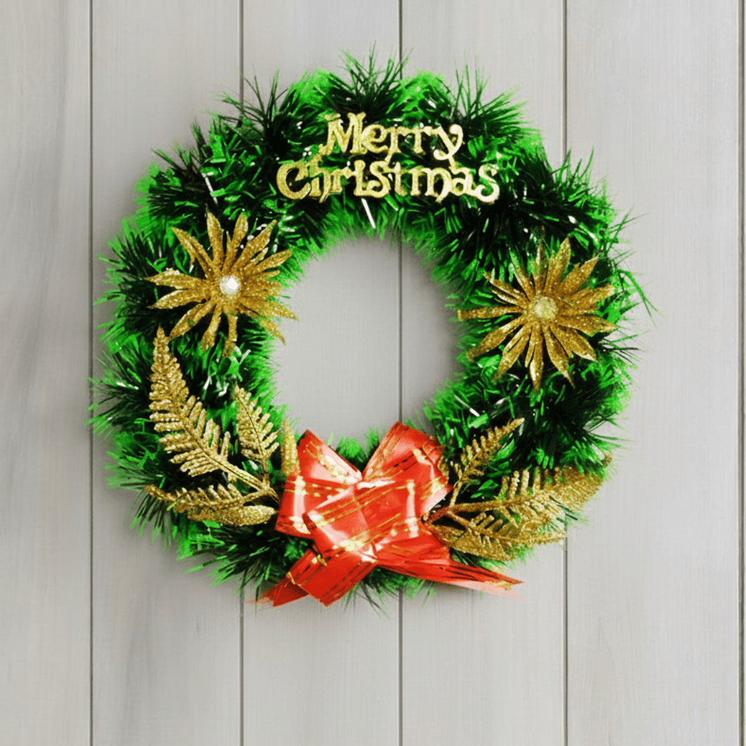 Festive Green Christmas Wreath with Golden Décor & Red Bow - Memories Insite
